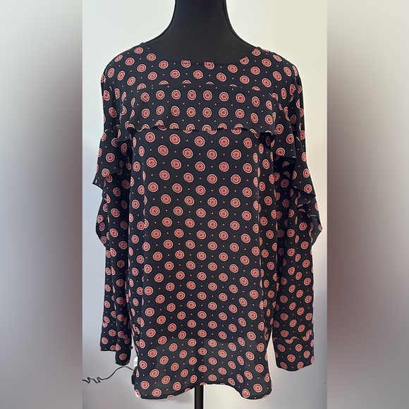Banana Republic Tops - ✅ 3 for $25 - Banana Republic Navy Blue and Red Patterned Blouse with ruffle